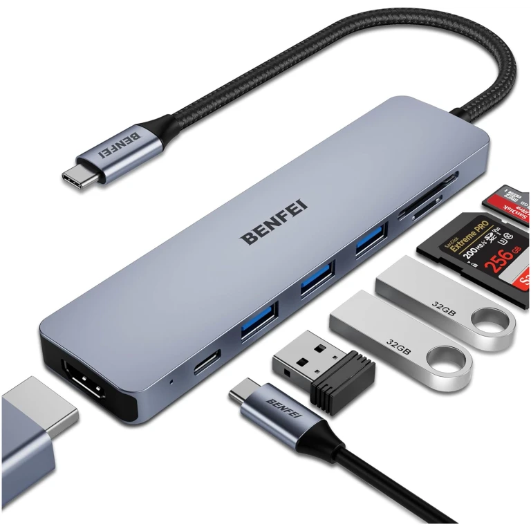BENFEI USB C HUB 7-in-1 with HDMI(4K@60Hz,Certified), 100W Power Delivery, 3*USB 3.0, SD/TF Card Reader(160MB/s) Compatible with iPhone 15 Pro/Max, MacBook, iPad Pro, iMac, S23,...