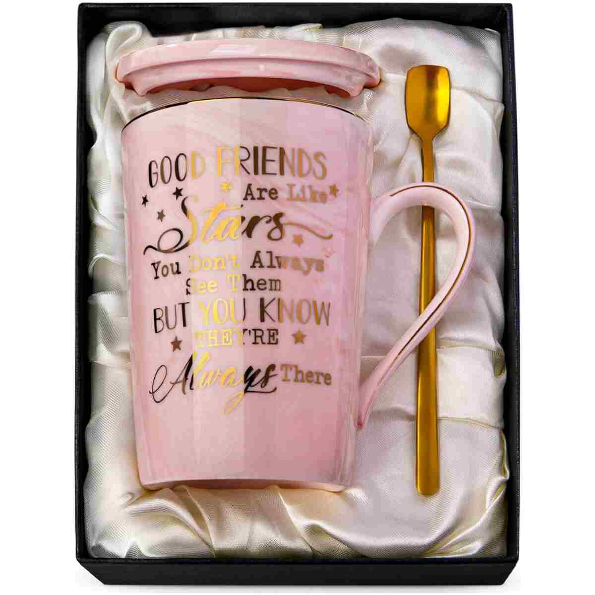 Best Friend Birthday Gifts for Women, Unique Friendship Gifts for Women - Good Friends are Like Stars - Funny 14Oz Pink Ceramic Mug with Gold Print, Presents for BFF, Sisters,...