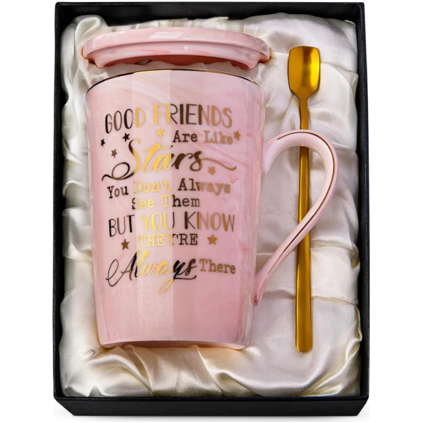 Best Friend Birthday Gifts for Women, Unique Friendship Gifts for Women - Good Friends are Like Stars - Funny 14Oz Pink Ceramic Mug with Gold Print, Presents for BFF, Sisters,...