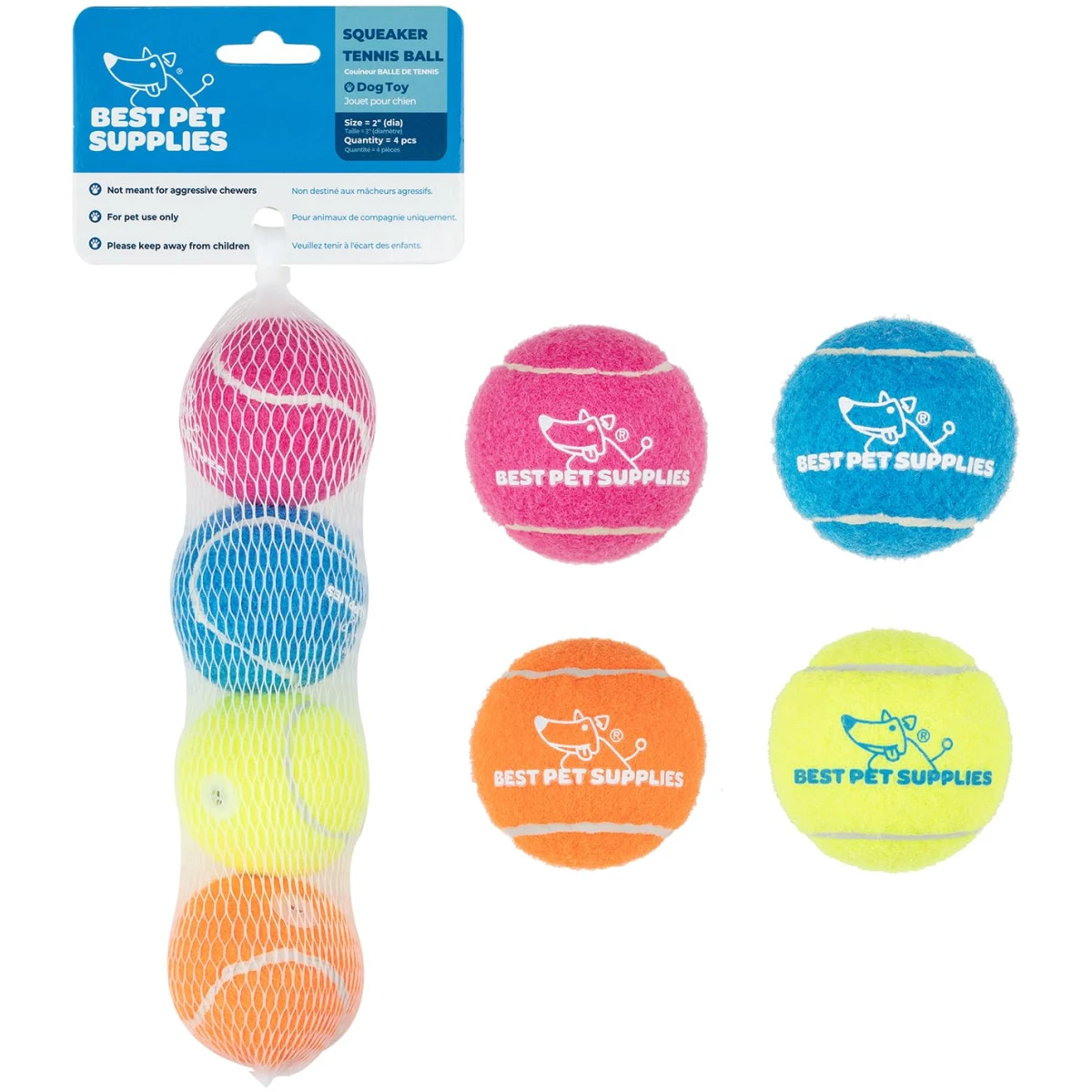 Best Pet Supplies Squeaky Tennis Toys for Dogs, 4-Pack, Heavy-Duty Interactive Pet Toys for Throwing and Fetching, Supports Exercise and Natural Behavior Training, Durable - Small