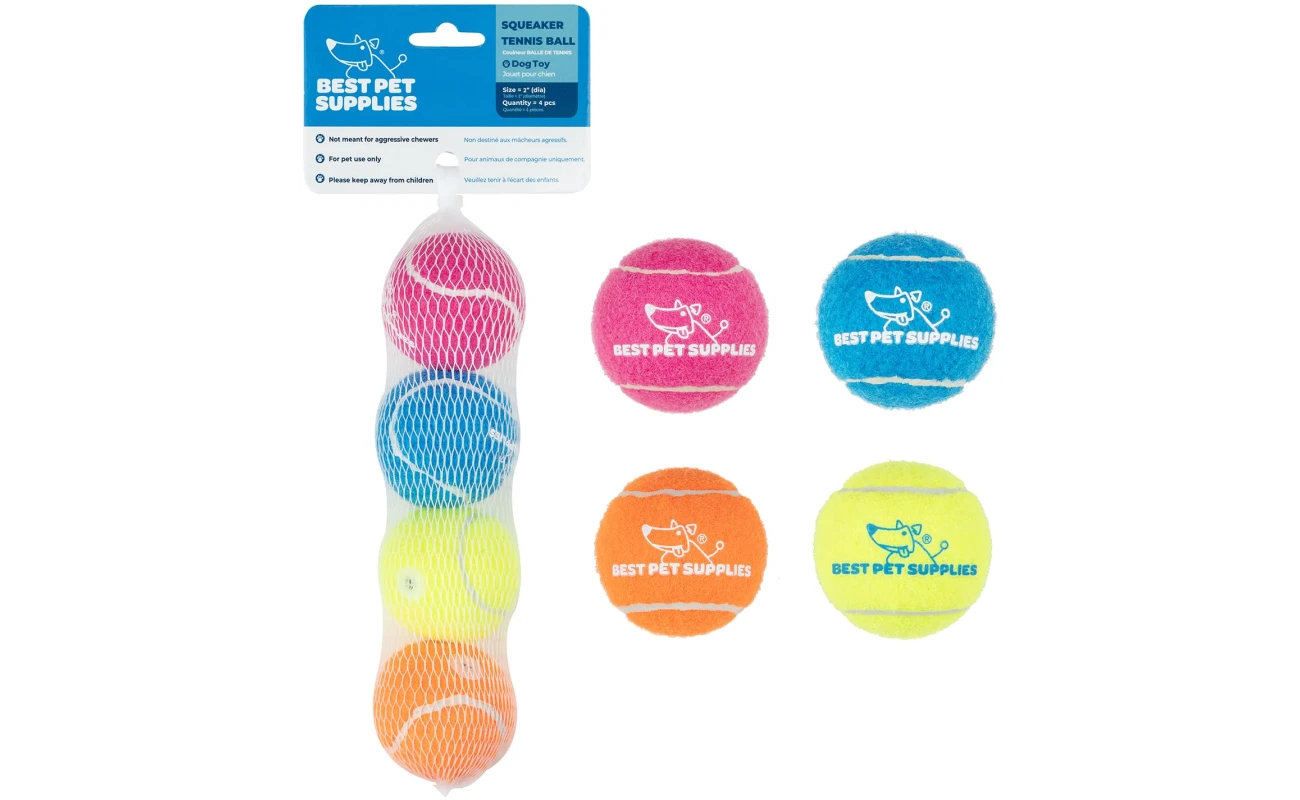 Best Pet Supplies Squeaky Tennis Toys for Dogs, 4-Pack, Heavy-Duty Interactive Pet Toys for Throwing and Fetching, Supports Exercise and Natural Behavior Training, Durable - Small