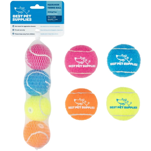 Best Pet Supplies Squeaky Tennis Toys for Dogs, 4-Pack, Heavy-Duty Interactive Pet Toys for Throwing and Fetching, Supports Exercise and Natural Behavior Training, Durable - Small