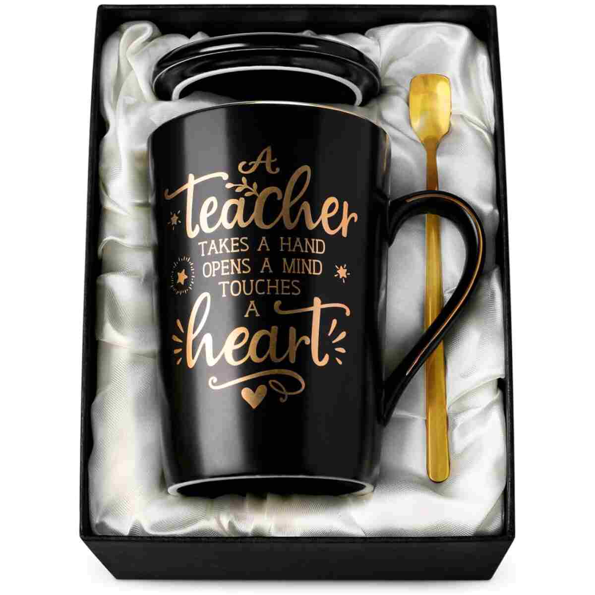 Best Teacher Appreciation Gifts for Men Women, 14oz Unique Black Ceramic Teacher Coffee Mug with Gold Print, Christmas Presents for Teachers Graduation Retirement, with Lid...
