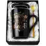 Best Teacher Appreciation Gifts for Men Women, 14oz Unique Black Ceramic Teacher Coffee Mug with Gold Print, Christmas Presents for Teachers Graduation Retirement, with Lid...