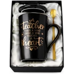 Best Teacher Appreciation Gifts for Men Women, 14oz Unique Black Ceramic Teacher Coffee Mug with Gold Print, Christmas Presents for Teachers Graduation Retirement, with Lid...