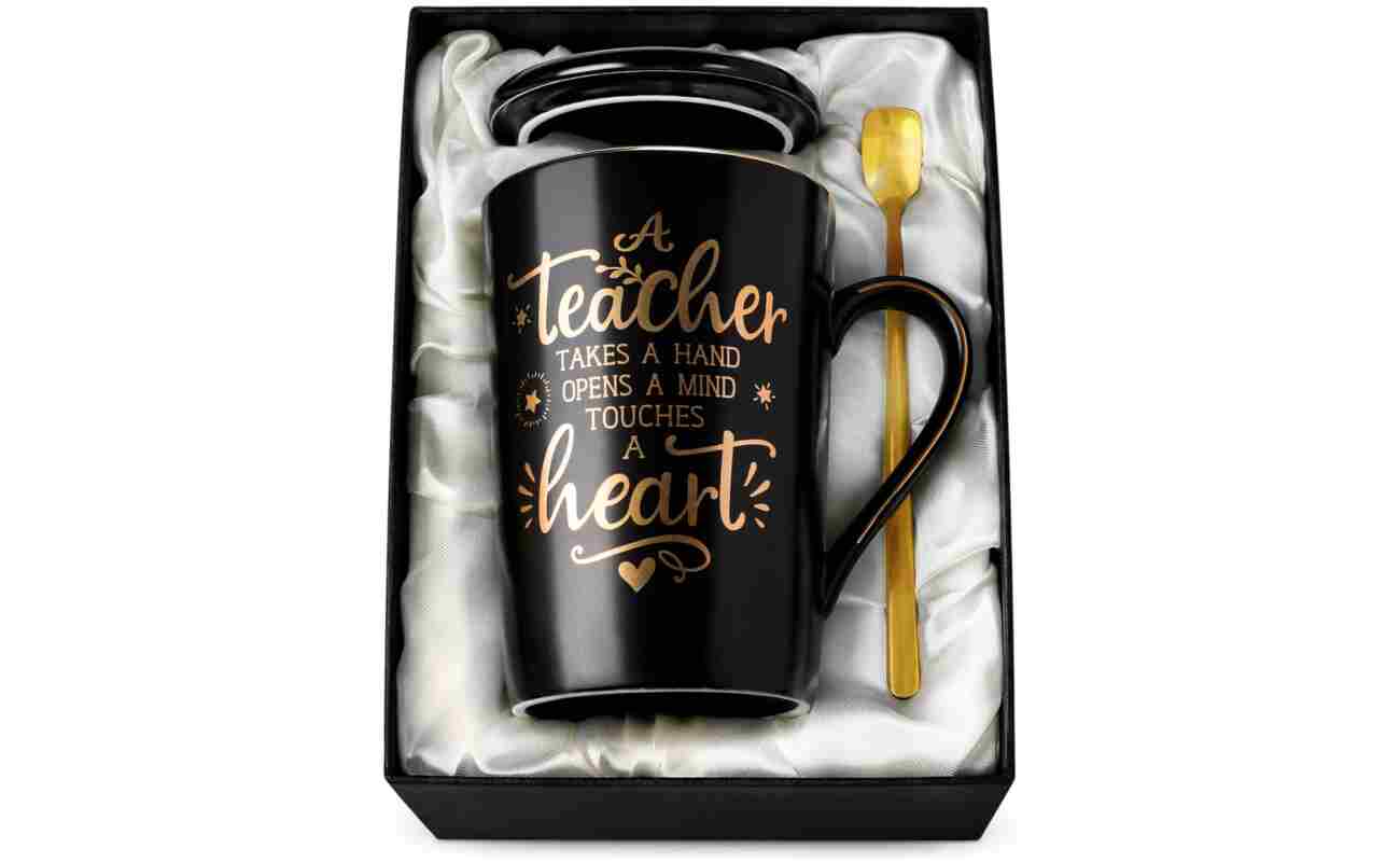 Best Teacher Appreciation Gifts for Men Women, 14oz Unique Black Ceramic Teacher Coffee Mug with Gold Print, Christmas Presents for Teachers Graduation Retirement, with Lid...
