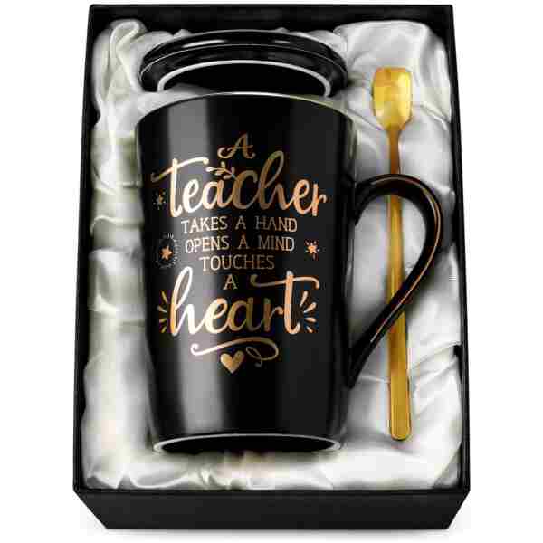 Best Teacher Appreciation Gifts for Men Women, 14oz Unique Black Ceramic Teacher Coffee Mug with Gold Print, Christmas Presents for Teachers Graduation Retirement, with Lid...