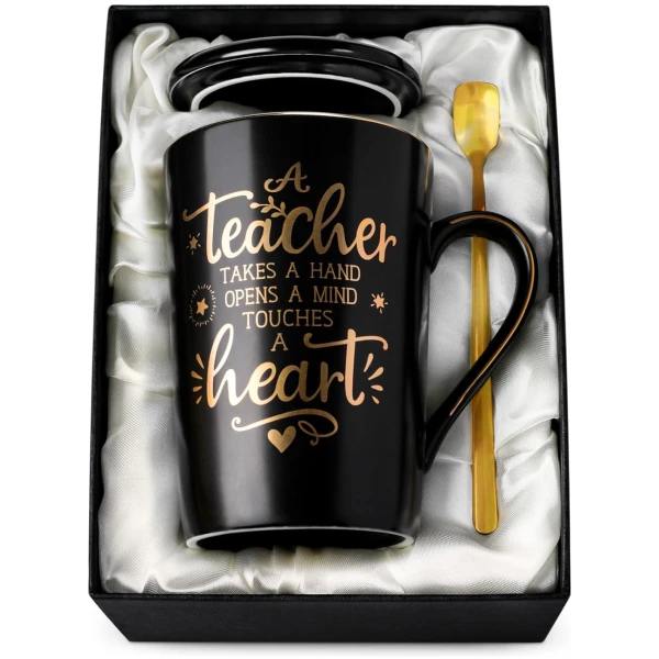Best Teacher Appreciation Gifts for Men Women, 14oz Unique Black Ceramic Teacher Coffee Mug with Gold Print, Christmas Presents for Teachers Graduation Retirement, with Lid...