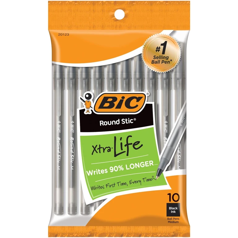 BIC Round Stic Xtra Life Black Ballpoint Pens, Medium Point (1.0mm), 10-Count Pack of Bulk Pens, Flexible Round Barrel for Writing Comfort, No. 1 Selling Ballpoint Pens