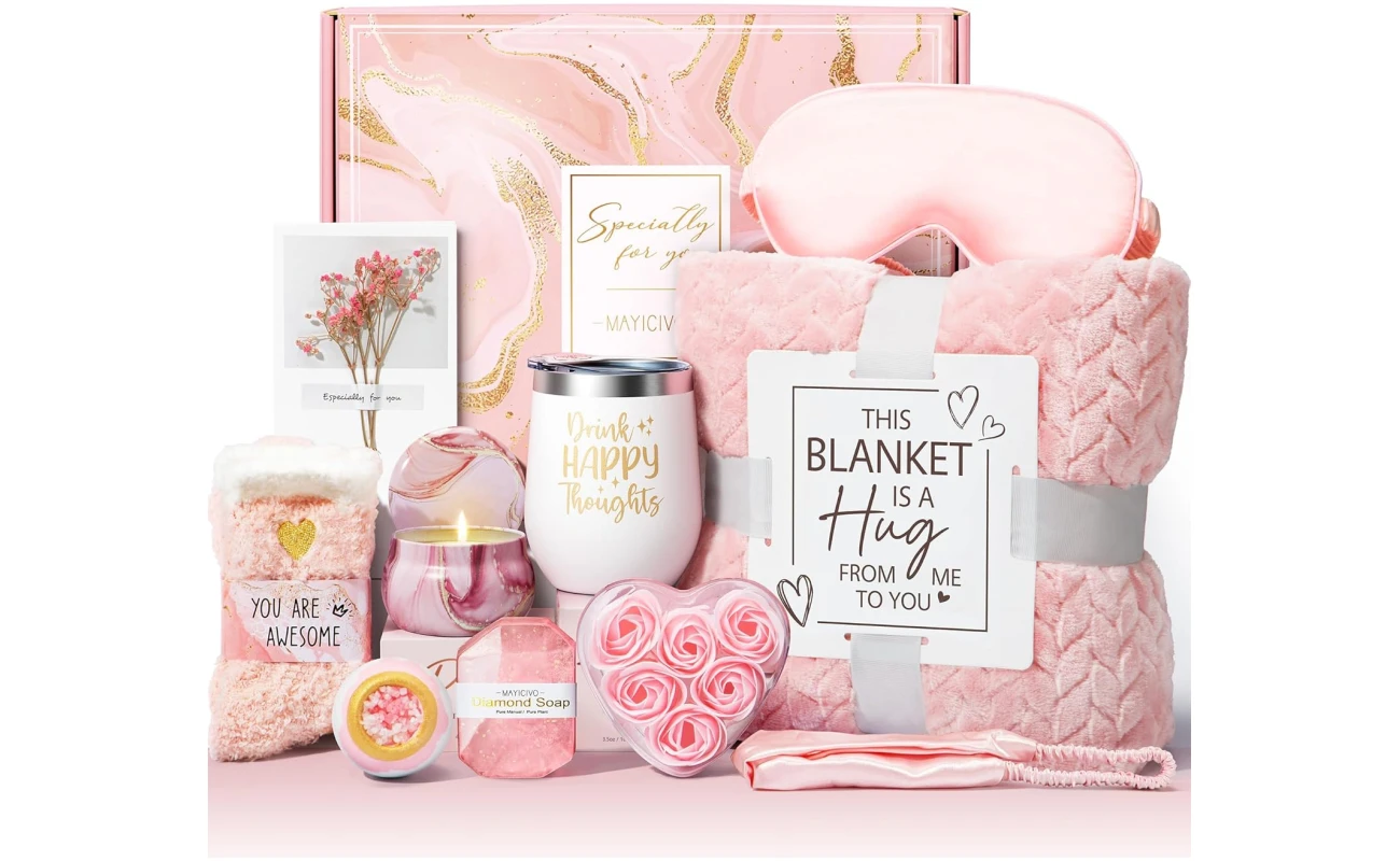 Birthday Gifts for Women Self Care Gifts Get Well Soon Gifts, Rose Relaxing Spa Gifts Basket Care Package w/ Luxury Flannel Blanket, Unique Mothers Day Gifts for Mom Her Friend...