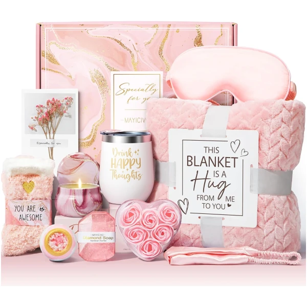 Birthday Gifts for Women Self Care Gifts Get Well Soon Gifts, Rose Relaxing Spa Gifts Basket Care Package w/ Luxury Flannel Blanket, Unique Mothers Day Gifts for Mom Her Friend...