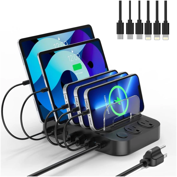 Catlyn Charging Station for Multiple Devices, 8 Port Charger Stations with 6 Mixed Charger Cables Organizer Dock,Compatible for Cell Phone,Tablet, Kindle, iPhone iPad for Family...