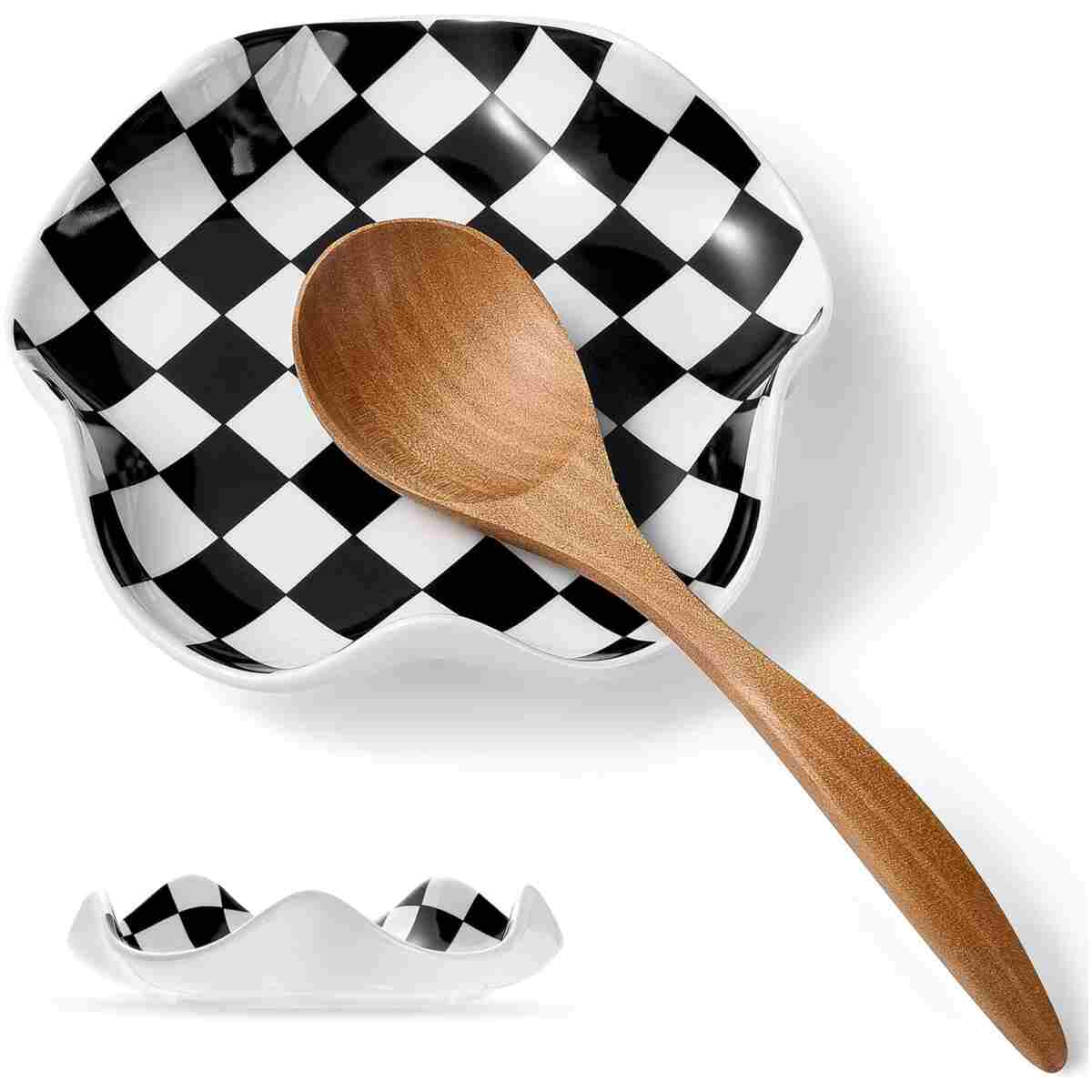 Ceramic Spoon Rest, 5.3in Black & White Pattern, Heat Resistant Cooking Spoon Holder for Kitchen Countertop, Stove Top, Spatula, Ladle, Coffee Spoon Rest