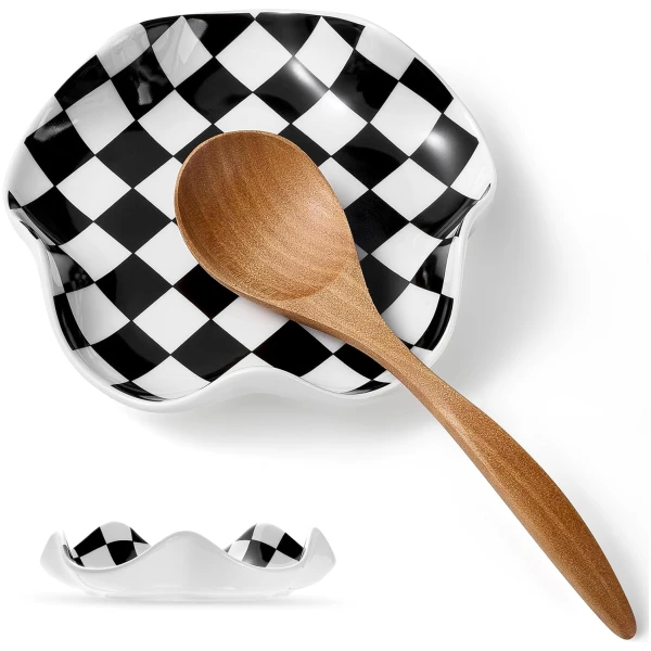 Ceramic Spoon Rest, 5.3in Black & White Pattern, Heat Resistant Cooking Spoon Holder for Kitchen Countertop, Stove Top, Spatula, Ladle, Coffee Spoon Rest