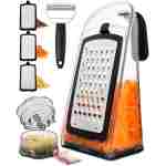 Cheese Grater with Garlic Crusher- Box Grater Vegetable Shredder with 3 Stainless Steel Blades - Graters for Kitchen- Cheese Graters with Handle - Garlic Mincer Tool and...