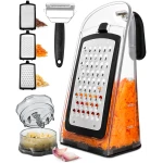 Cheese Grater with Garlic Crusher- Box Grater Vegetable Shredder with 3 Stainless Steel Blades - Graters for Kitchen- Cheese Graters with Handle - Garlic Mincer Tool and...