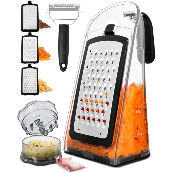 Cheese Grater with Garlic Crusher- Box Grater Vegetable Shredder with 3 Stainless Steel Blades - Graters for Kitchen- Cheese Graters with Handle - Garlic Mincer Tool and...