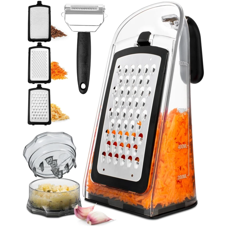 Cheese Grater with Garlic Crusher- Box Grater Vegetable Shredder with 3 Stainless Steel Blades - Graters for Kitchen- Cheese Graters with Handle - Garlic Mincer Tool and...