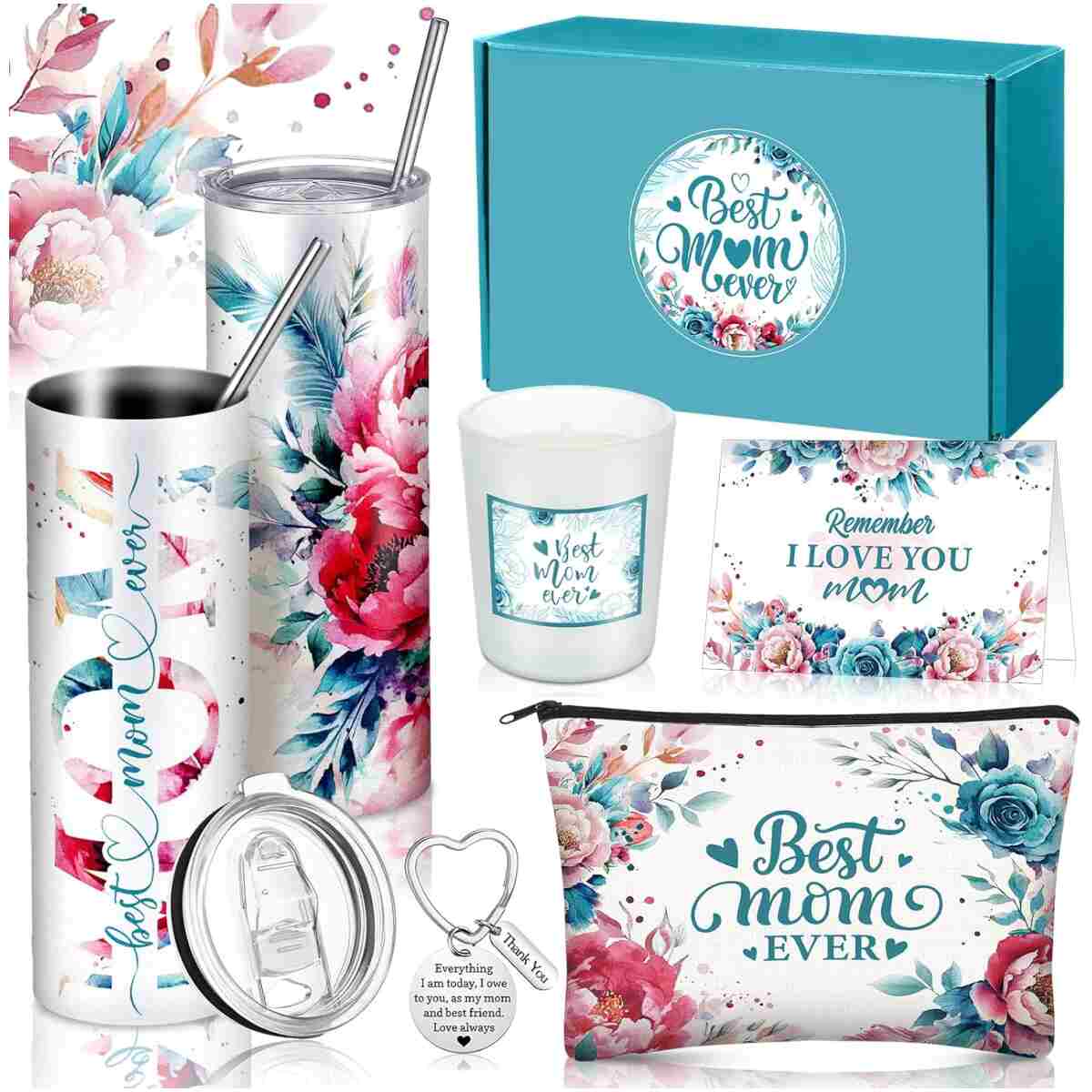 Chuangdi 6 Pcs Mother's Day Gifts Set for Mom Wife Best Mom Ever Gift Ink Floral 20oz Tumbler Cosmetic Bag Scented Candle Keychain from Son Daughter for Birthday Christmas...