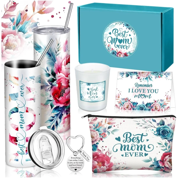 Chuangdi 6 Pcs Mother's Day Gifts Set for Mom Wife Best Mom Ever Gift Ink Floral 20oz Tumbler Cosmetic Bag Scented Candle Keychain from Son Daughter for Birthday Christmas...