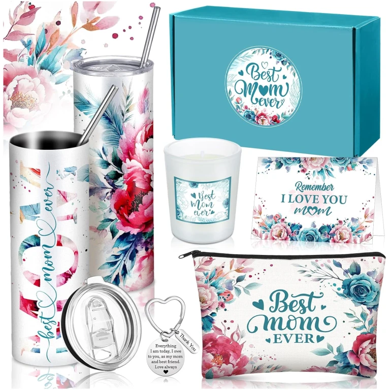 Chuangdi 6 Pcs Mother's Day Gifts Set for Mom Wife Best Mom Ever Gift Ink Floral 20oz Tumbler Cosmetic Bag Scented Candle Keychain from Son Daughter for Birthday Christmas...