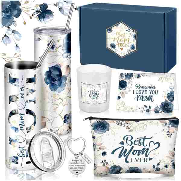 Chuangdi 6 Pcs Mother's Day Gifts Set for Mom Wife Best Mom Ever Gift Ink Floral 20oz Tumbler Cosmetic Bag Scented Candle Keychain from Son Daughter for Birthday Christmas...