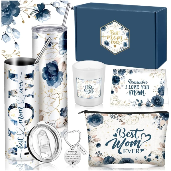 Chuangdi 6 Pcs Mother's Day Gifts Set for Mom Wife Best Mom Ever Gift Ink Floral 20oz Tumbler Cosmetic Bag Scented Candle Keychain from Son Daughter for Birthday Christmas...