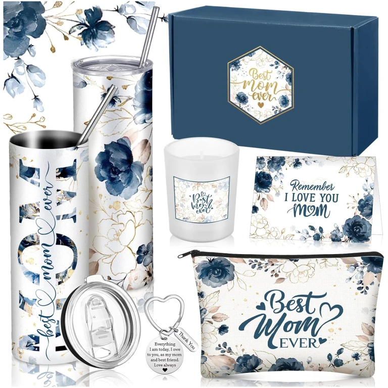 Chuangdi 6 Pcs Mother's Day Gifts Set for Mom Wife Best Mom Ever Gift Ink Floral 20oz Tumbler Cosmetic Bag Scented Candle Keychain from Son Daughter for Birthday Christmas...