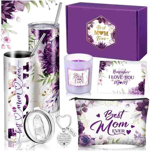 Chuangdi 6 Pcs Mother's Day Gifts Set for Mom Wife Best Mom Ever Gift Ink Floral 20oz Tumbler Cosmetic Bag Scented Candle Keychain from Son Daughter for Birthday Christmas...