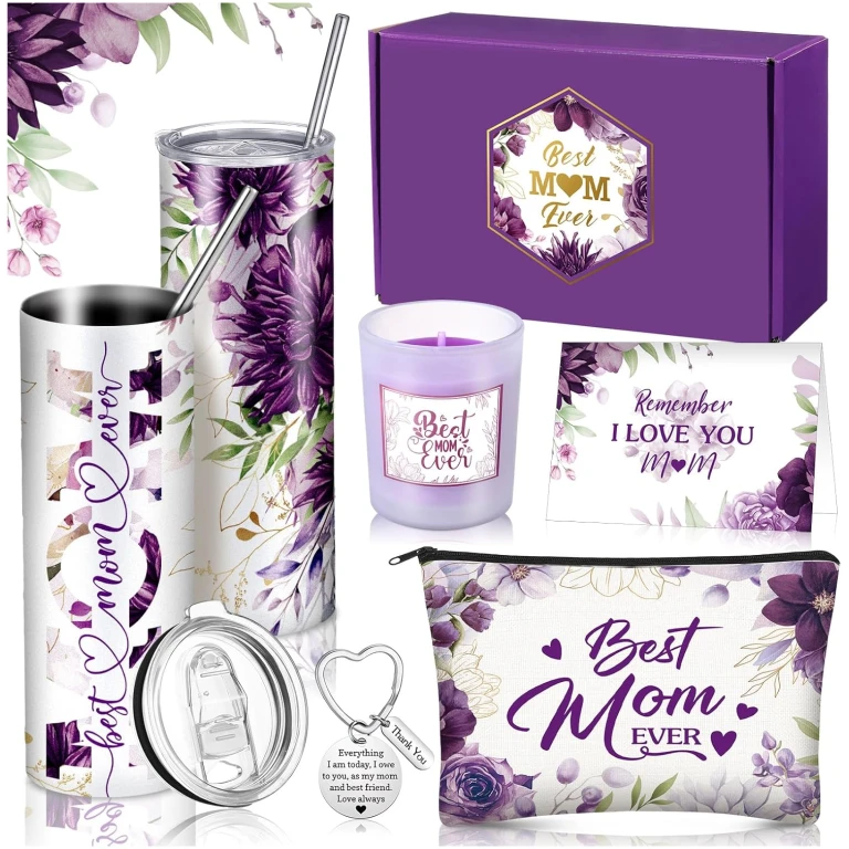 Chuangdi 6 Pcs Mother's Day Gifts Set for Mom Wife Best Mom Ever Gift Ink Floral 20oz Tumbler Cosmetic Bag Scented Candle Keychain from Son Daughter for Birthday Christmas...