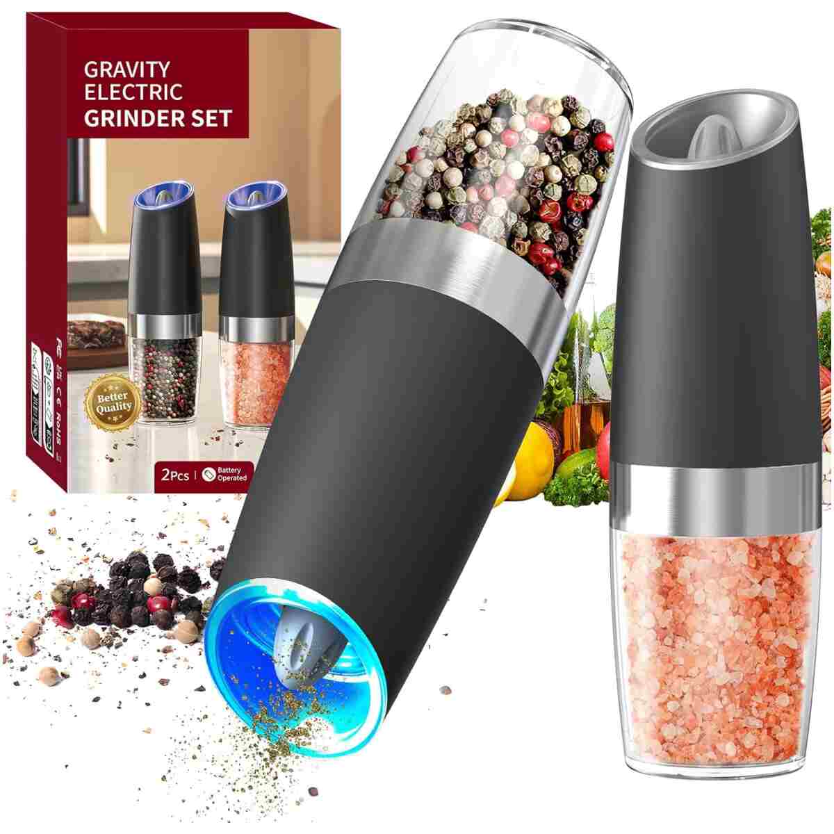 CIRCLE JOY Gravity Electric Salt and Pepper Grinder Set Automatic Salt and Pepper Grinder Set with LED Light, Battery Operated, Adjustable Coarseness, Large Capacity, for Home...