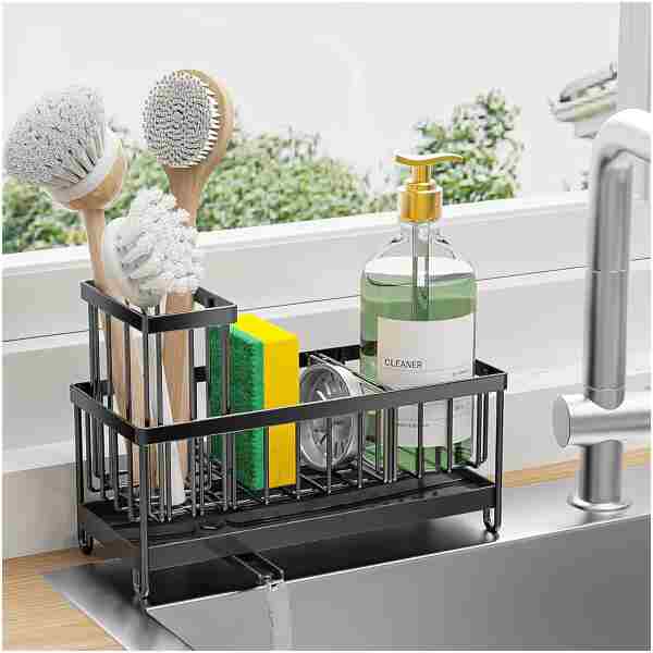 Cisily Black Sponge Holder for Kitchen Sink, Sink Caddy Organizer with High Brush Holder, Kitchen Countertop Organizers and Storage Essentials, Rustproof 304 Stainless Steel,...