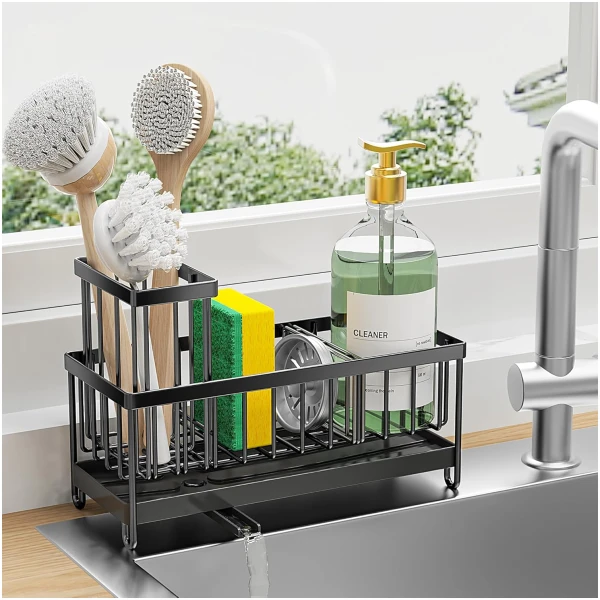 Cisily Black Sponge Holder for Kitchen Sink, Sink Caddy Organizer with High Brush Holder, Kitchen Countertop Organizers and Storage Essentials, Rustproof 304 Stainless Steel,...