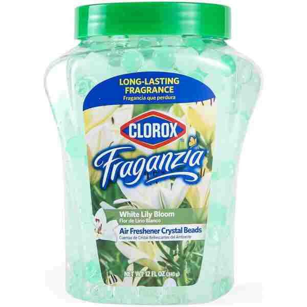 Clorox Fraganzia Air Freshener Crystal Beads White Lily Bloom 12oz Jar LongLasting Air Freshener Beads Easy to Use Vented Jar Air Scent Beads for Homes, Bathrooms, Closets, Car...