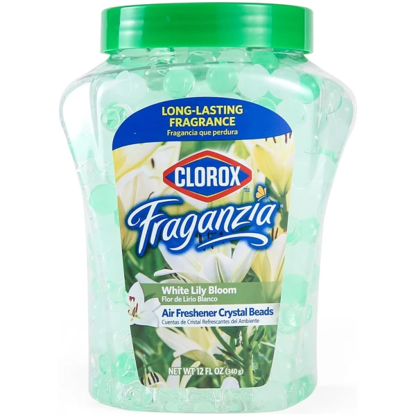 Clorox Fraganzia Air Freshener Crystal Beads White Lily Bloom 12oz Jar LongLasting Air Freshener Beads Easy to Use Vented Jar Air Scent Beads for Homes, Bathrooms, Closets, Car...