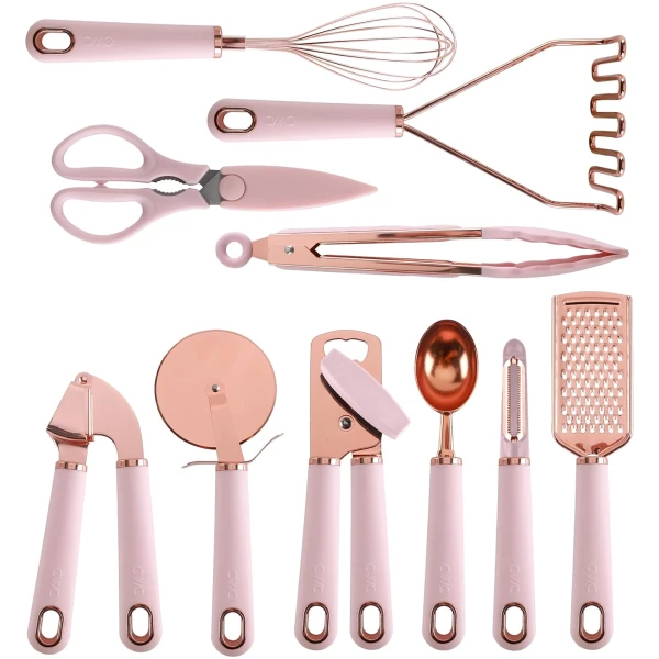 COOK WITH COLOR Kitchen Gadget Set Copper Plated Stainless Steel Utensils with Soft Touch Handles, Copper Pink, 10 Pieces