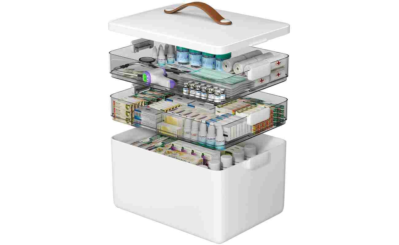 CTIME 3-Tier Medicine Organizer - Portable Medicine Cabinet with Leather Handle, Empty First Aid Kit for Home