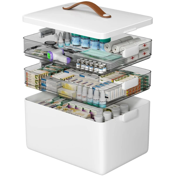 CTIME 3-Tier Medicine Organizer - Portable Medicine Cabinet with Leather Handle, Empty First Aid Kit for Home
