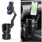 Cup Holder Phone Mount, 2 in 1 Universal Cup Holder Expander Adjustable Base with Phone Mount, Long Arm with 360°Rotation Cup Holder Phone Mount for Car Compatible with All...
