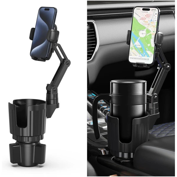 Cup Holder Phone Mount, 2 in 1 Universal Cup Holder Expander Adjustable Base with Phone Mount, Long Arm with 360°Rotation Cup Holder Phone Mount for Car Compatible with All...