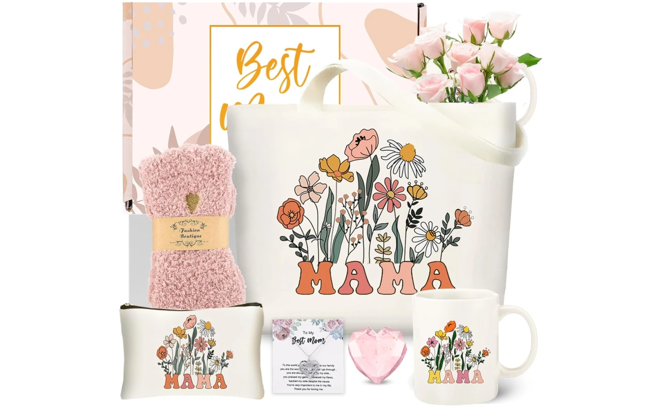 DHQH Mother’s Day Gifts for Mom from Daughter Son, Mama Birthday Gifts Set, 11oz Coffee Mug with Tote Bag, Mama Necklace for Women