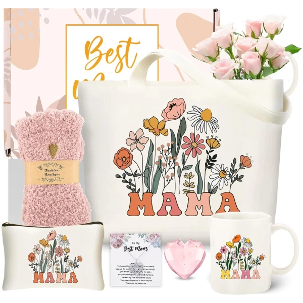 DHQH Mother’s Day Gifts for Mom from Daughter Son, Mama Birthday Gifts Set, 11oz Coffee Mug with Tote Bag, Mama Necklace for Women