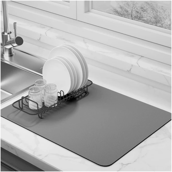 Dish Drying Mat for Kitchen Counter Super Absorbent Drainer Mats with Non-slip Rubber Backed Hide Stain Heat Resistant Easy to Clean Dish Rack Mat (Gray, S-11"x14")