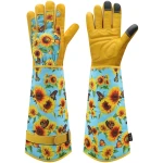 DLY Gardening Gloves for Women, Rose Gloves Gardening Thorn Proof, Long Garden Gloves for Women, Breathable Cowhide Leather Gauntlet (Medium, Blue)