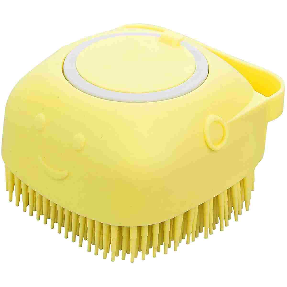 Dog Cat Bath Brush Comb Silicone Rubber Dog Grooming Brush Silicone Puppy Massage Brush Hair Fur Grooming Cleaning Brush Soft Shampoo Dispenser (Yellow - Upgraded)