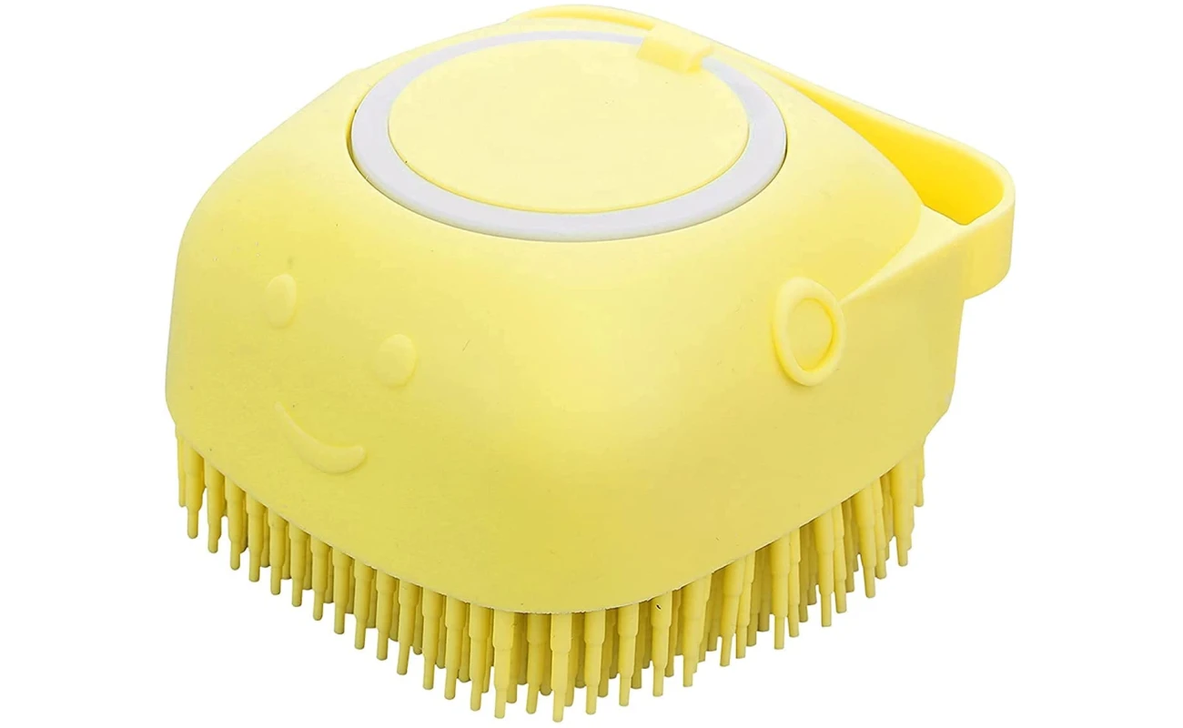 Dog Cat Bath Brush Comb Silicone Rubber Dog Grooming Brush Silicone Puppy Massage Brush Hair Fur Grooming Cleaning Brush Soft Shampoo Dispenser (Yellow - Upgraded)