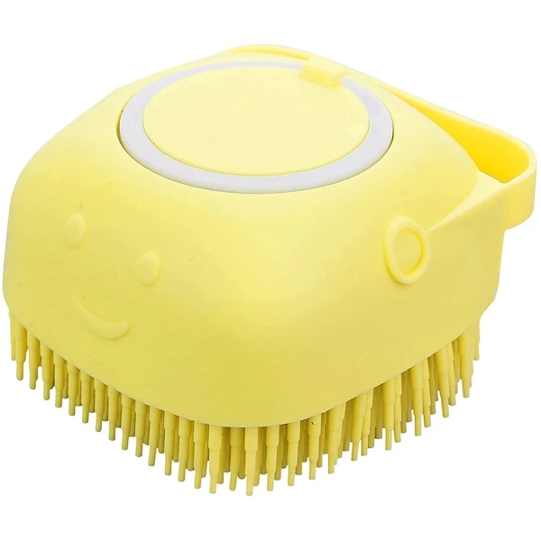 Dog Cat Bath Brush Comb Silicone Rubber Dog Grooming Brush Silicone Puppy Massage Brush Hair Fur Grooming Cleaning Brush Soft Shampoo Dispenser (Yellow - Upgraded)