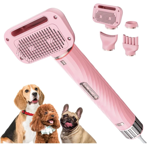 Dog Hair Dryer with Slicker Brush, Dog Dryer for Pet Grooming, High Velocity Dog Blow Dryer for Dog Grooming Supplies Low Noise Pet Dryer Grooming Salon Home Use, Pink
