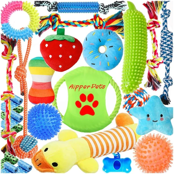 Dog Toys 25 Pack for Fun and Teeth Cleaning, Puppy Chew Toys Pack with Squeak Plush Toy,Squeaky Toy Balls,Tug of War and Rope Toys for Puppy to Small Dogs