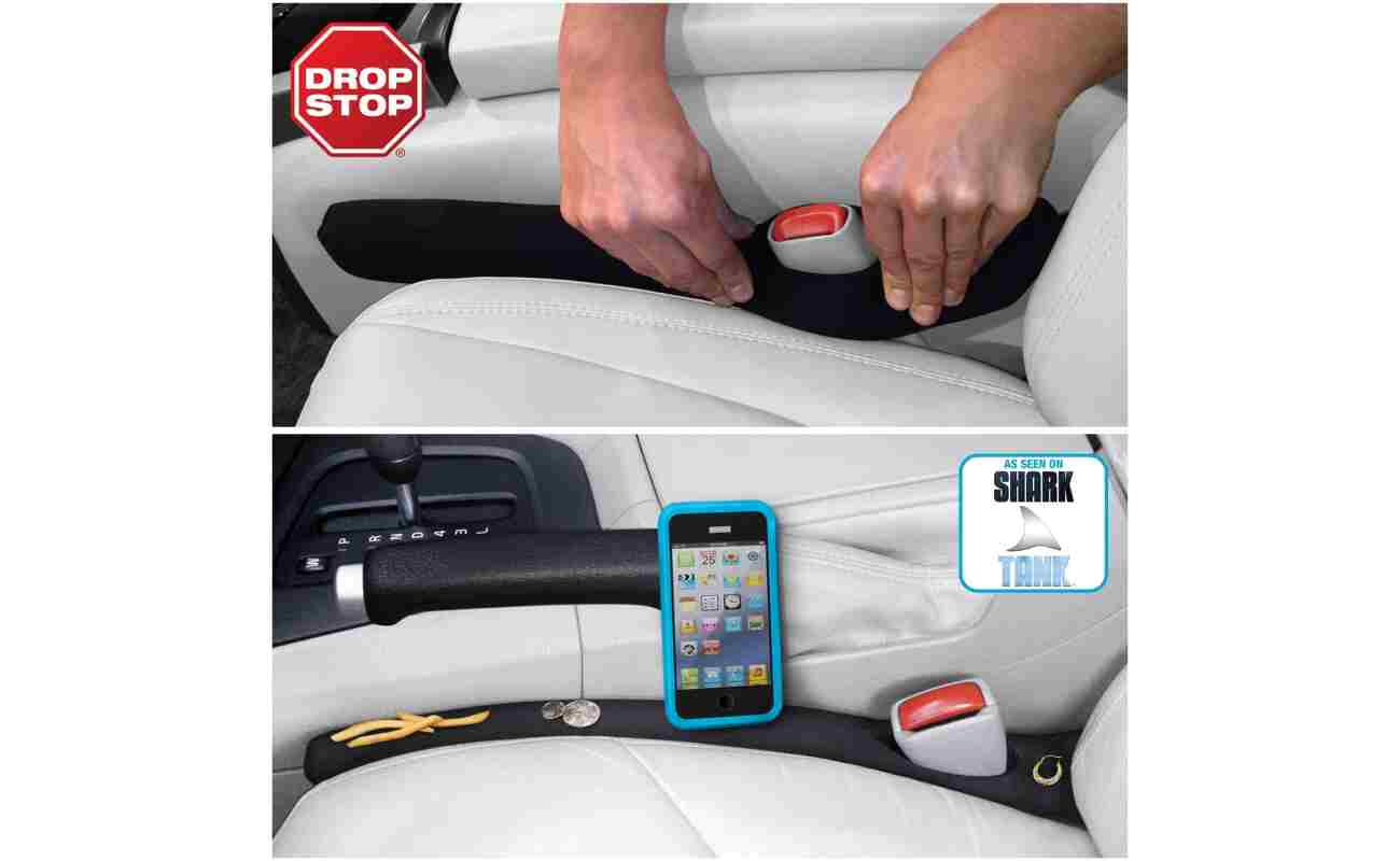 Drop Stop - The Original Patented Car Seat Gap Filler (As Seen On Shark Tank) - Between Seats Console Organizer, Set of 2 and Slide Free Pad and Light